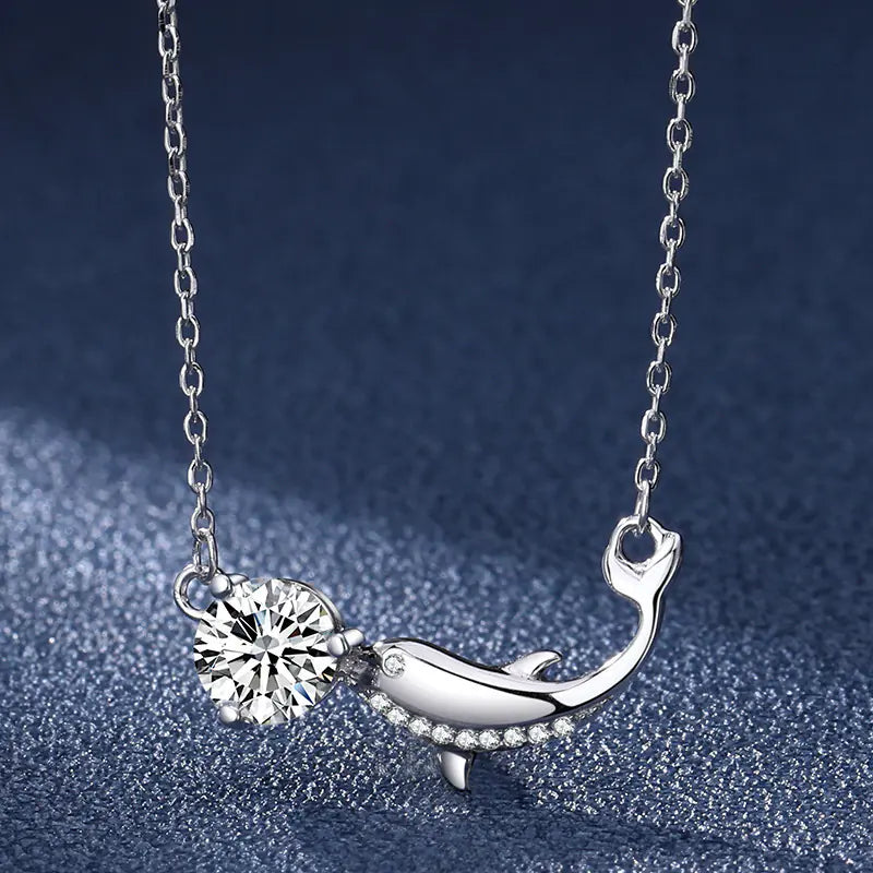 New S925 Silver 1ct Moissanite Dolphin Necklace