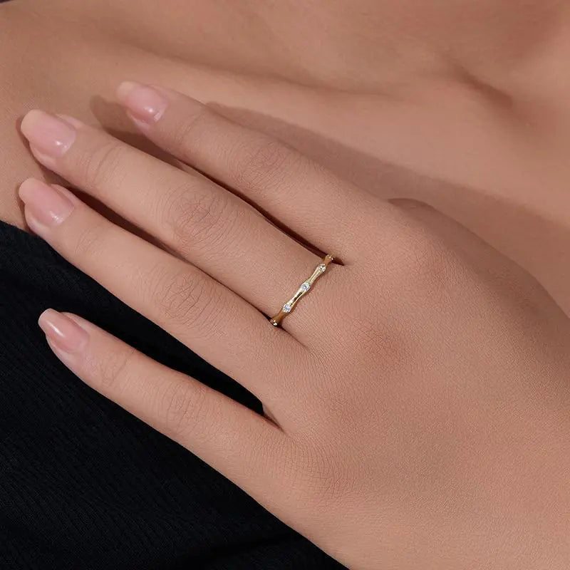 Fashion 925 Sterling Silver CZ Stones Thin Bamboo Rings
