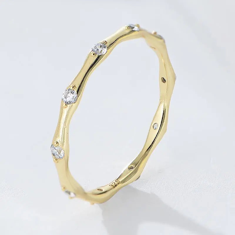 Fashion 925 Sterling Silver CZ Stones Thin Bamboo Rings