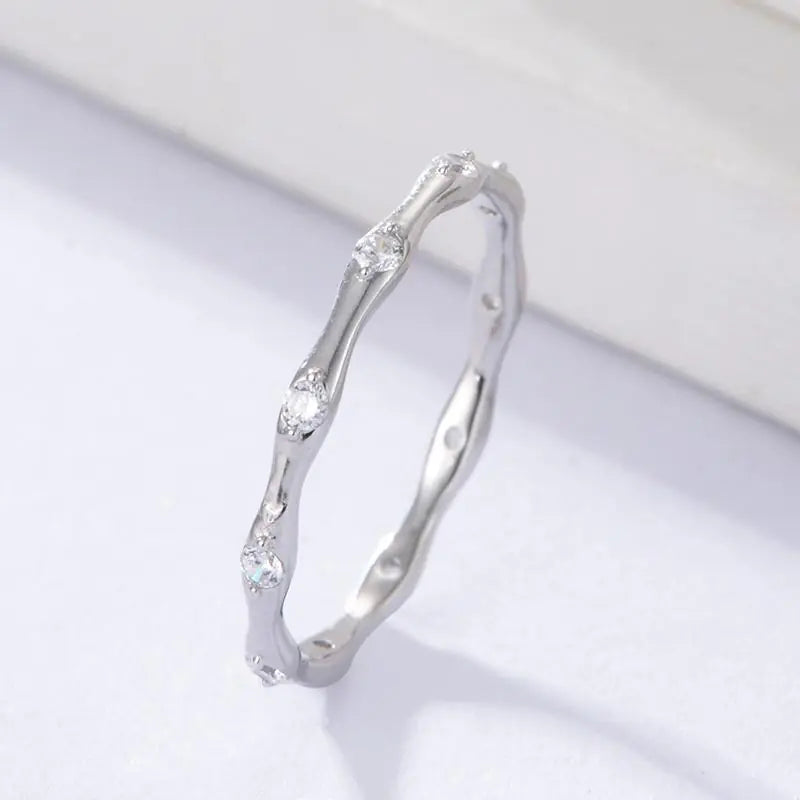 Fashion 925 Sterling Silver CZ Stones Thin Bamboo Rings