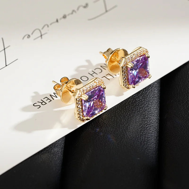 Square Purple Cubic Zirconia Stud Earrings