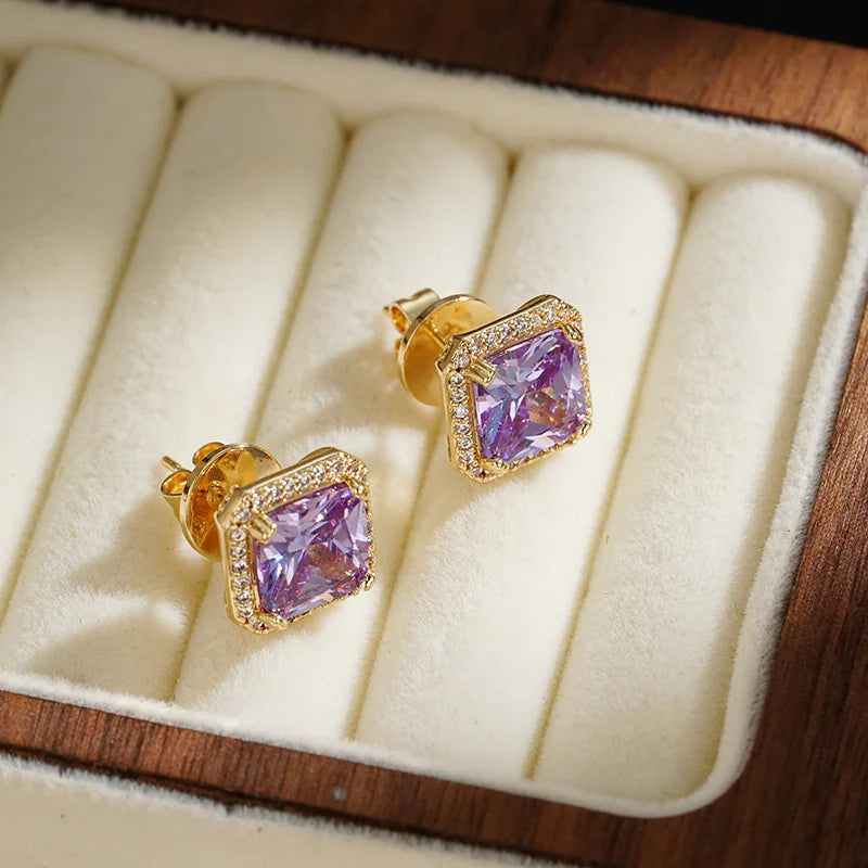 Square Purple Cubic Zirconia Stud Earrings