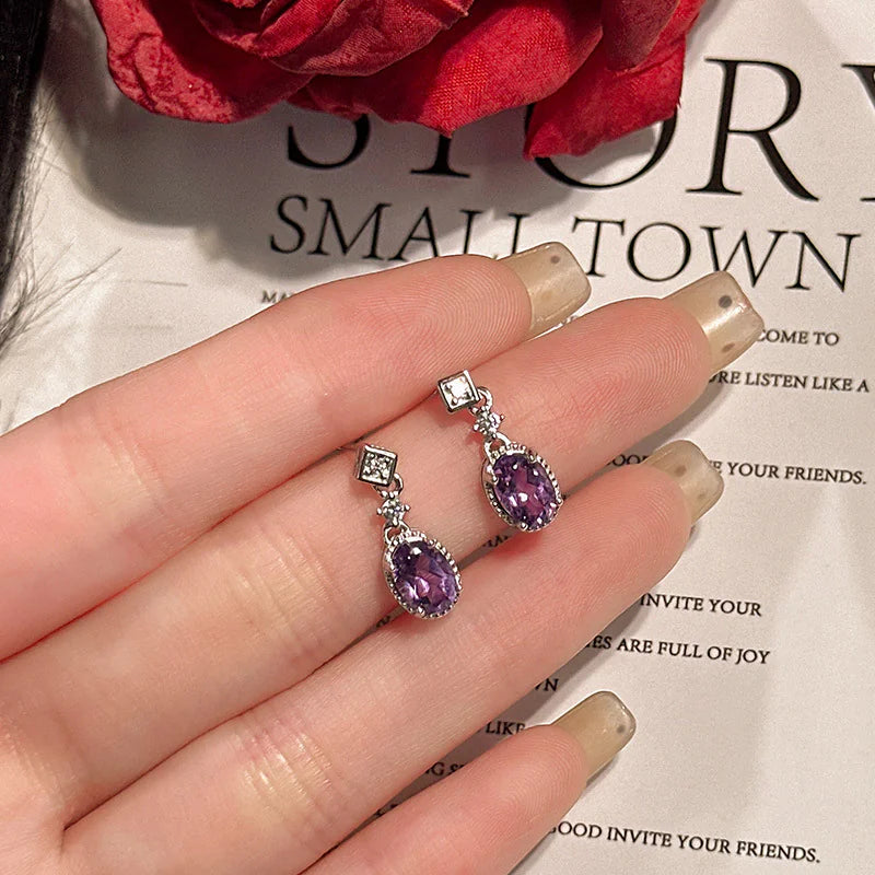 S925 Sterling Silver Earrings with Amethyst Crystals