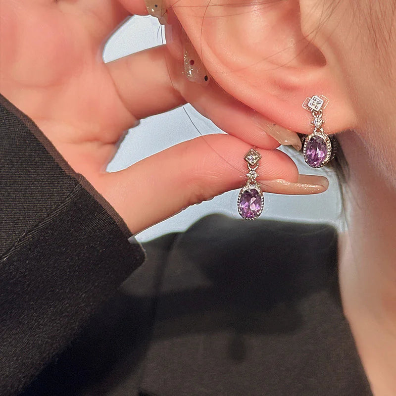 S925 Sterling Silver Earrings with Amethyst Crystals
