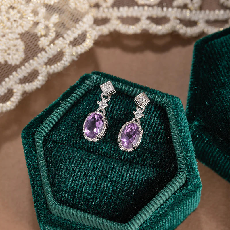 S925 Sterling Silver Earrings with Amethyst Crystals
