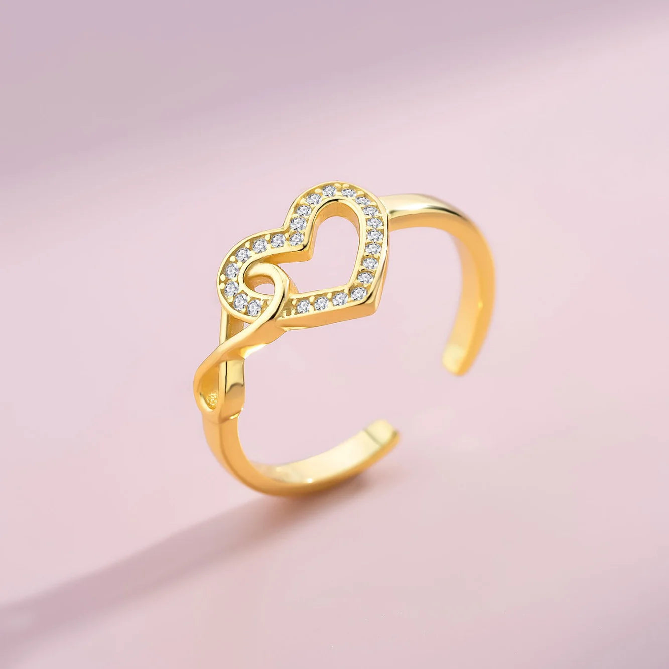 S925 Silver Entwined Heart Gold Zircon Ring