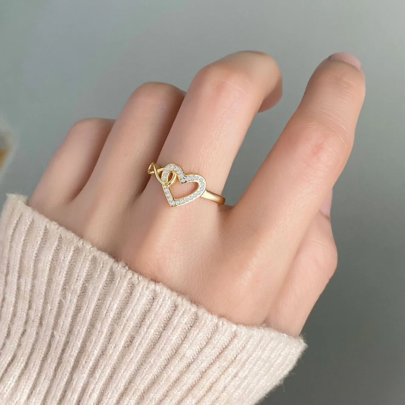 S925 Silver Entwined Heart Gold Zircon Ring