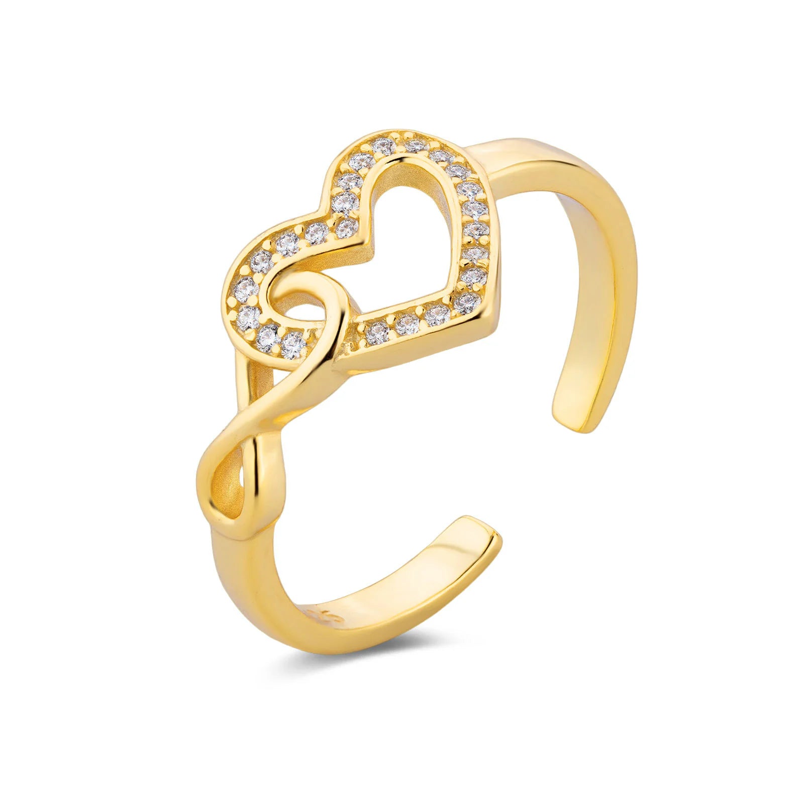 S925 Silver Entwined Heart Gold Zircon Ring