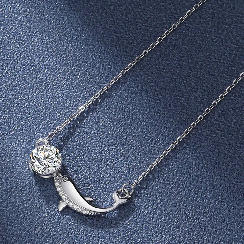 New S925 Silver 1ct Moissanite Dolphin Necklace
