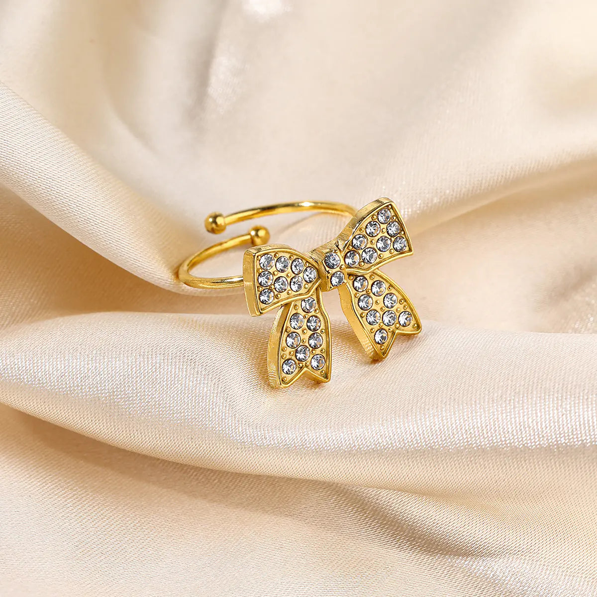 New Stainless Steel Butterfly Bow Crystal Open Ring