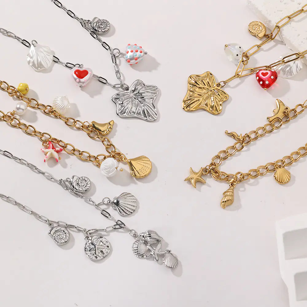 18K Gold Stainless Steel Multi Marine Pendant Necklace