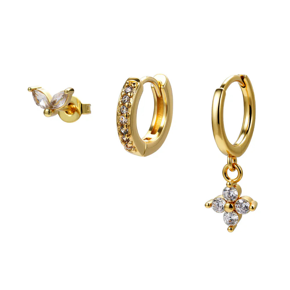 Fashion Brass CZ Flower Stud Hoop Earrings Set Women