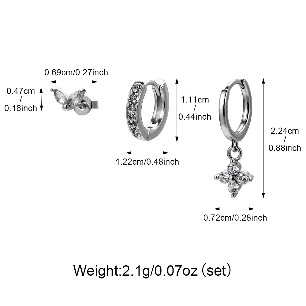 Fashion Brass CZ Flower Stud Hoop Earrings Set Women