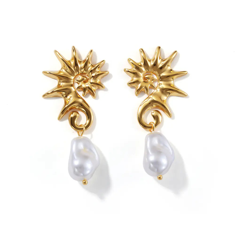 Elegant Stainless Steel Seahorse Baroque Drop Earrings