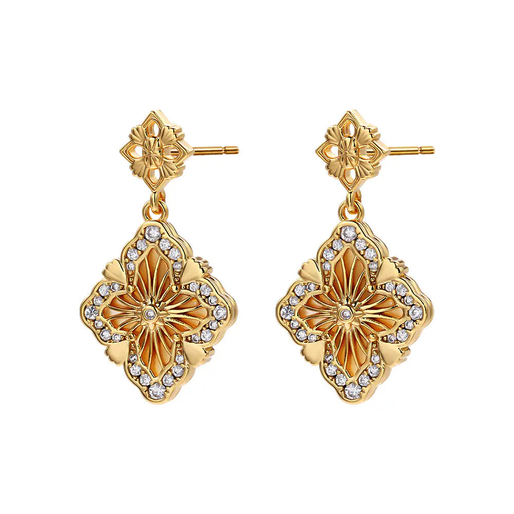 Vintage Brass Cz Chunky Flower Stud Earrings