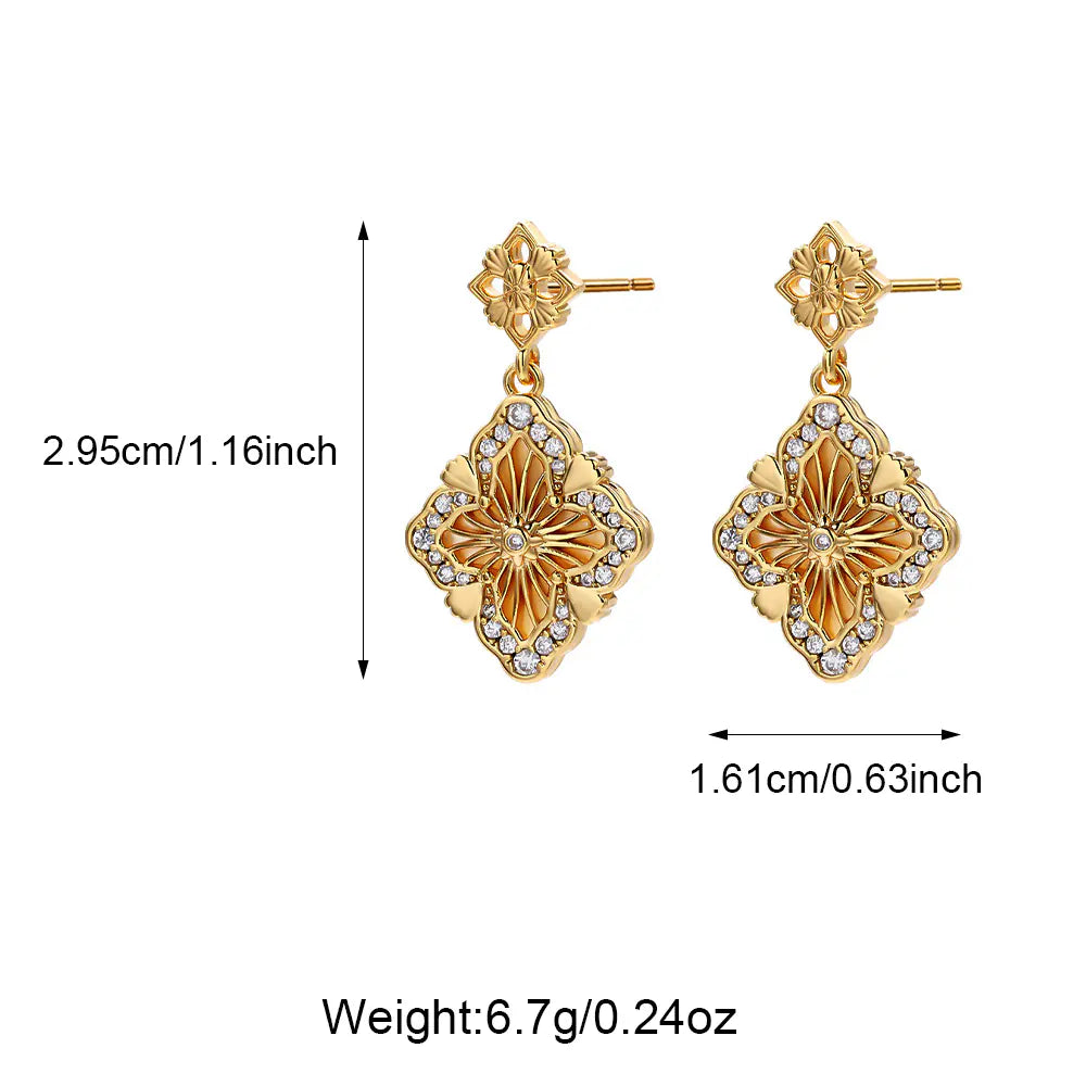 Vintage Brass Cz Chunky Flower Stud Earrings