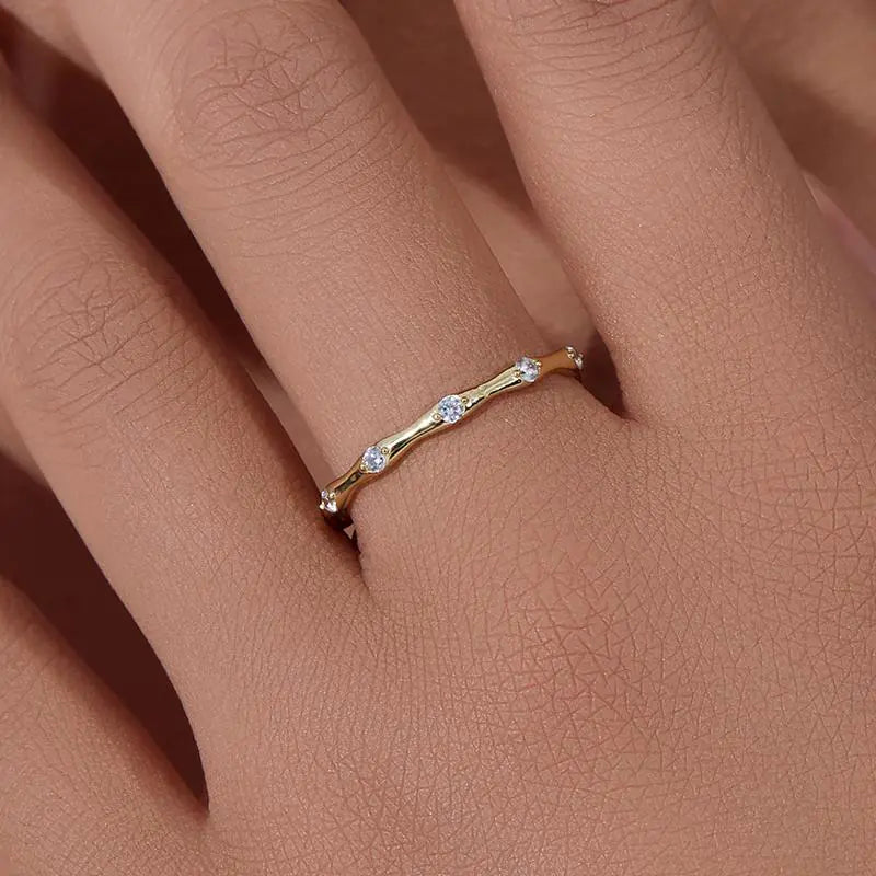 Fashion 925 Sterling Silver CZ Stones Thin Bamboo Rings