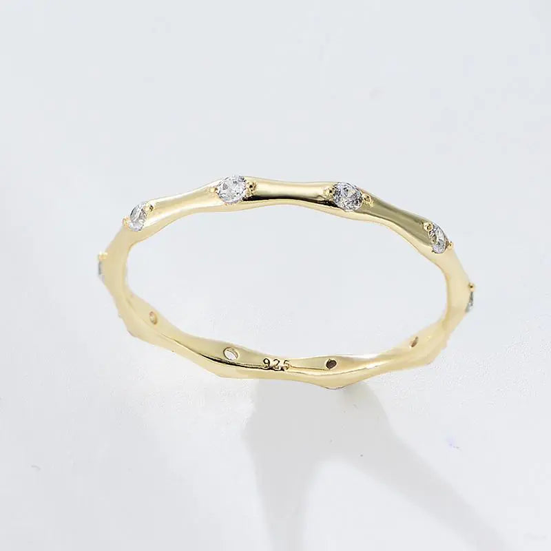 Fashion 925 Sterling Silver CZ Stones Thin Bamboo Rings