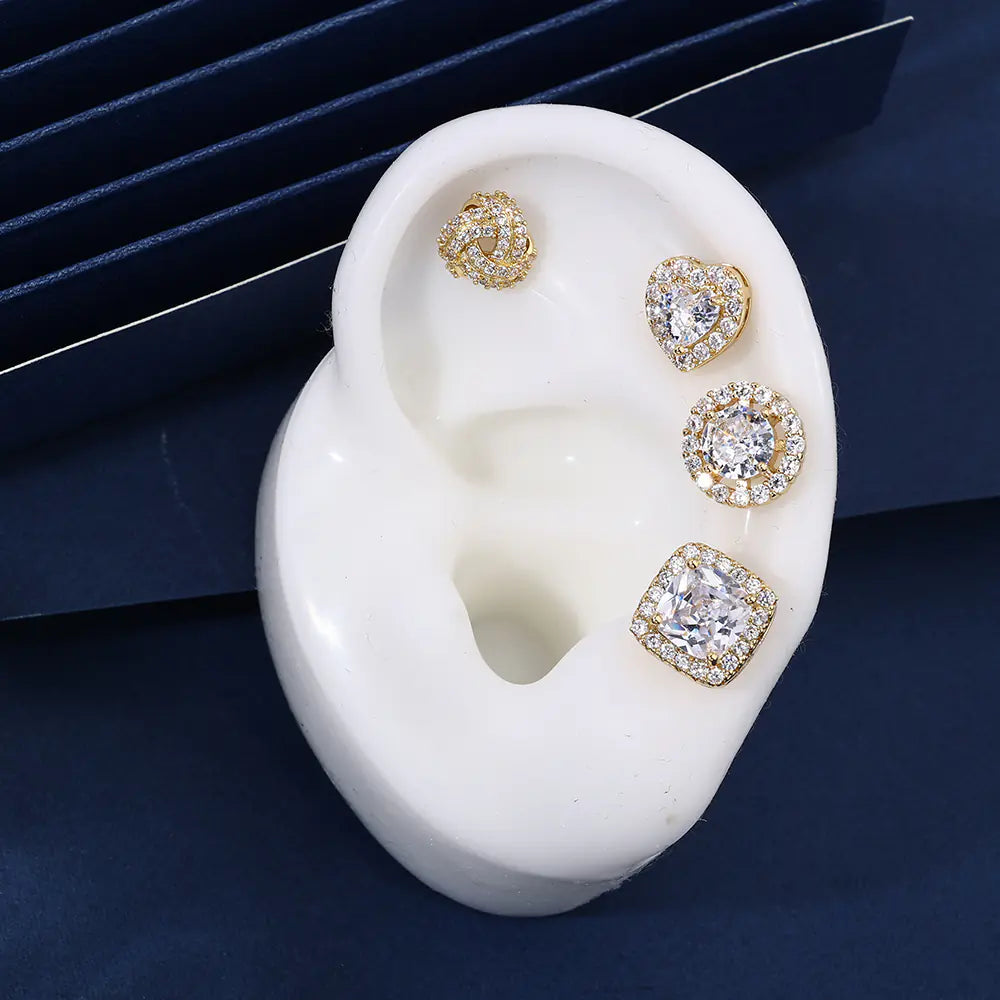 Hot Brass Iced CZ Heart Square Stud Earrings Set