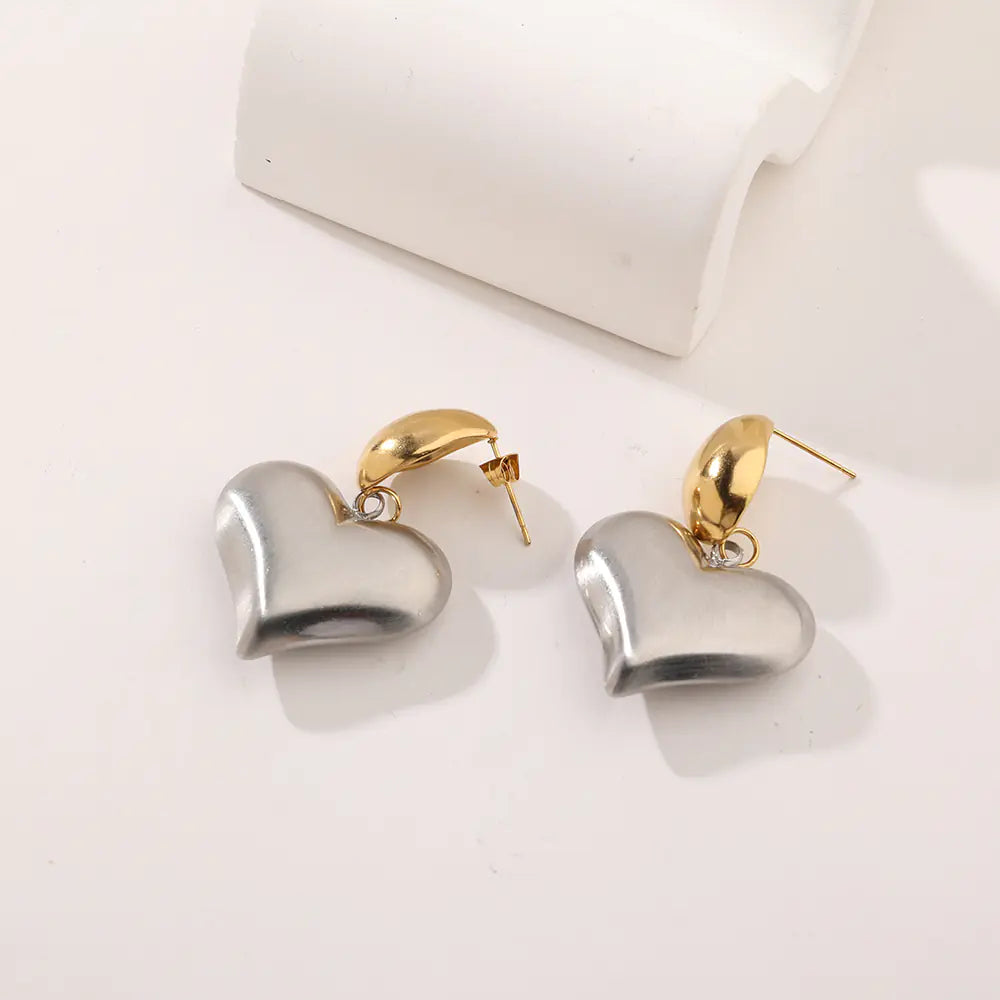 Hot Stainless Steel Two Tone Heart Drop Earrings