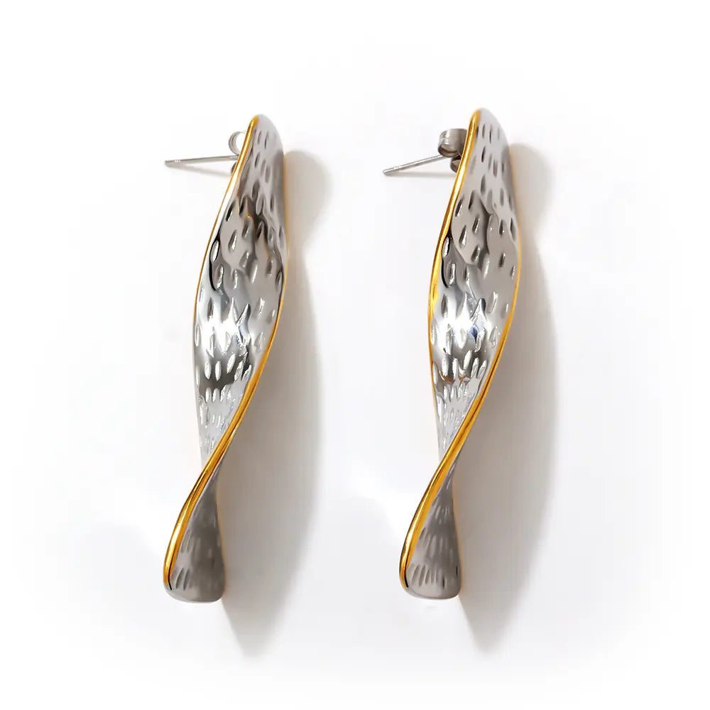Hot Stainless Steel Two Tone Wave Drop Earrings