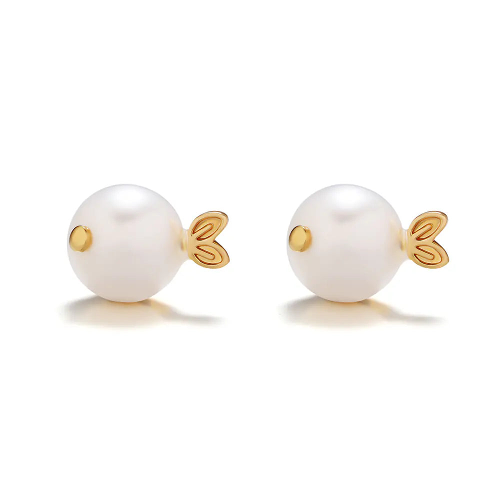 Hot Brass Pearl Fish Stud Earrings