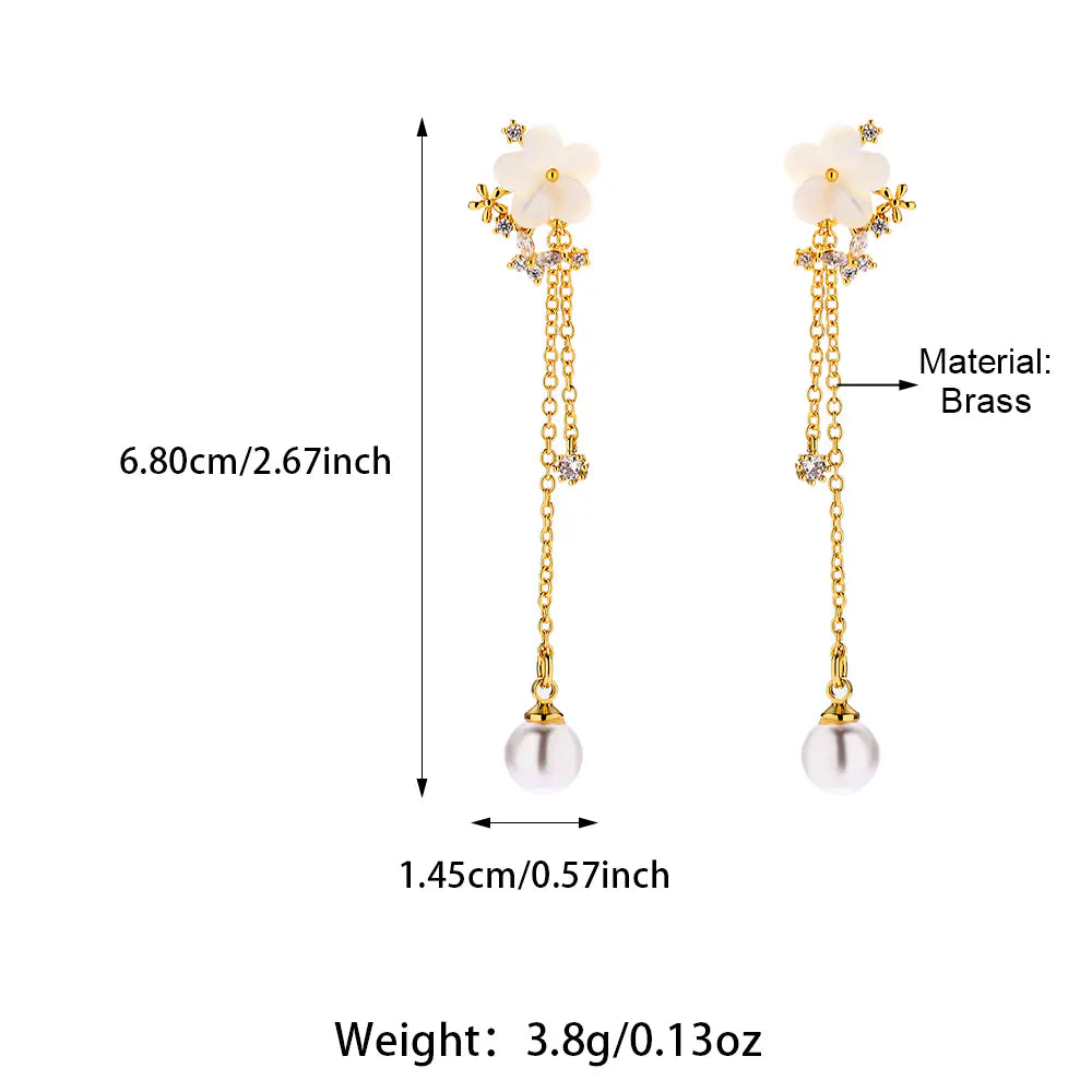 Brass Pearl Flower Stud Earrings