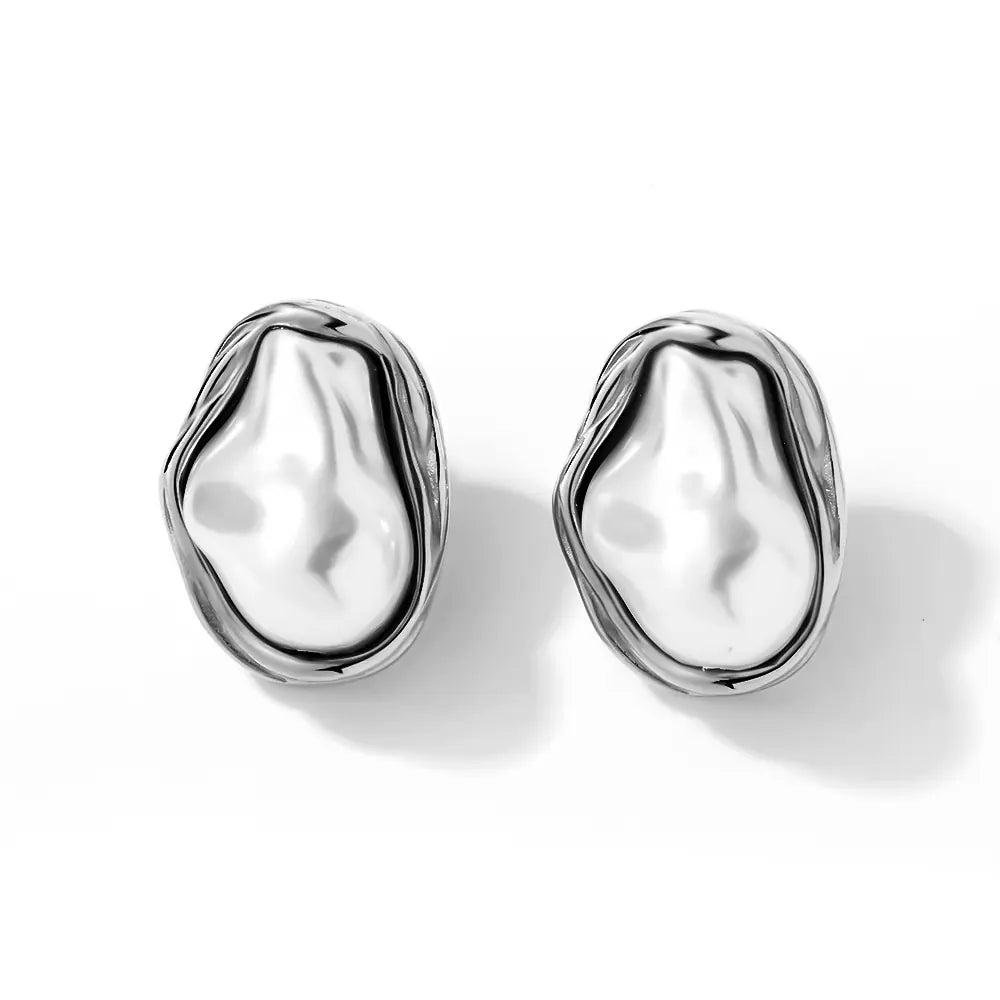 No Tarish Stainless Steel Baroque Pearl Stud Earrings