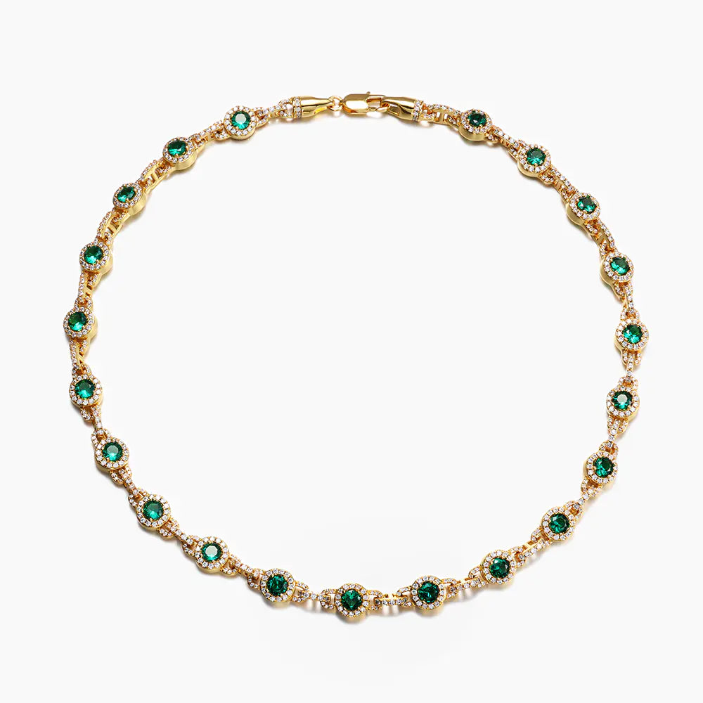 Trendy 9mm Brass Round Green CZ Chain Necklace