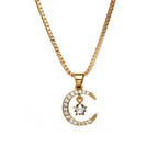 Fashion Brass Star Moon CZ Pendant Necklace