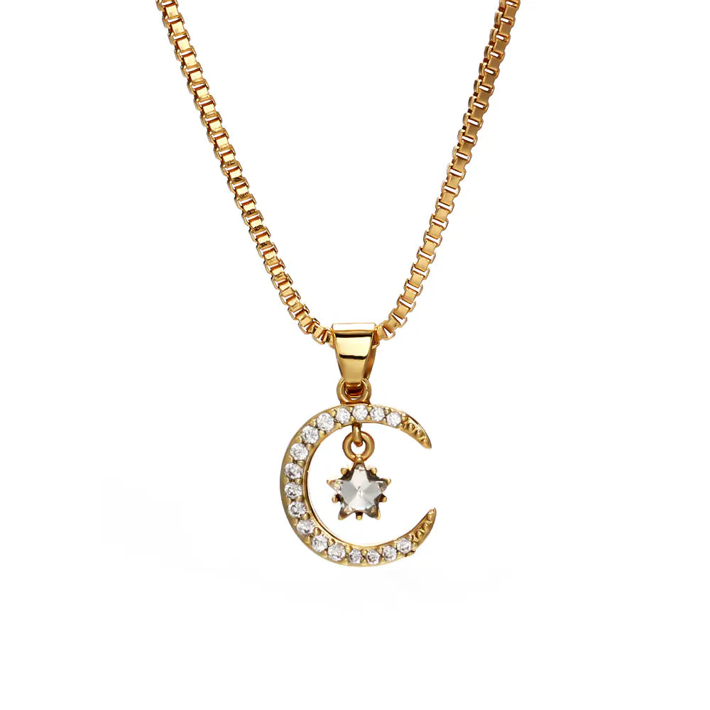 Fashion Brass Star Moon CZ Pendant Necklace