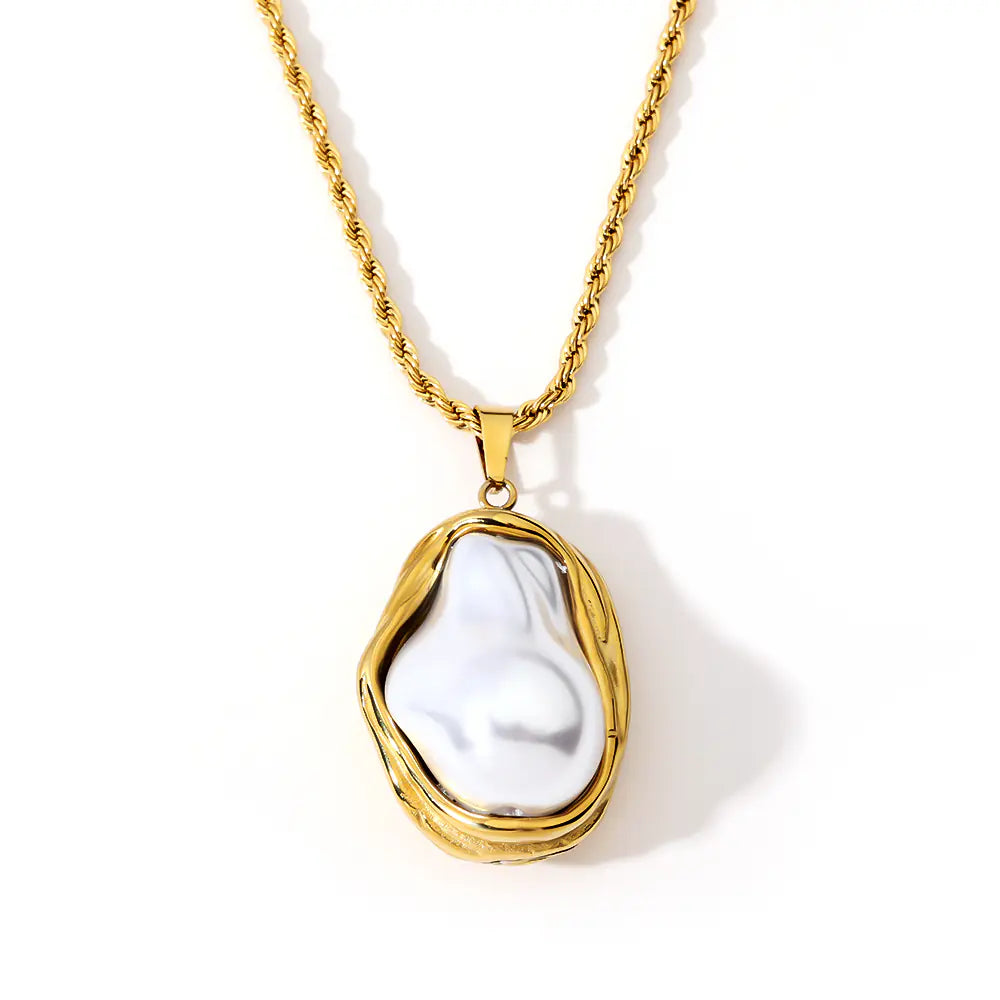 Stainless Steel Gold Baroque Pearl Pendant Necklace