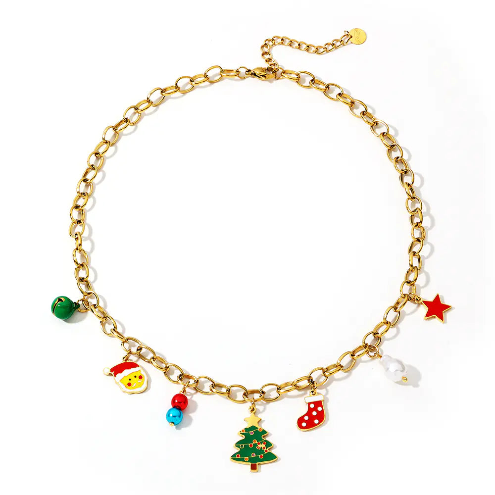 Vintage Stainless Steel Christmas Enamel Necklace