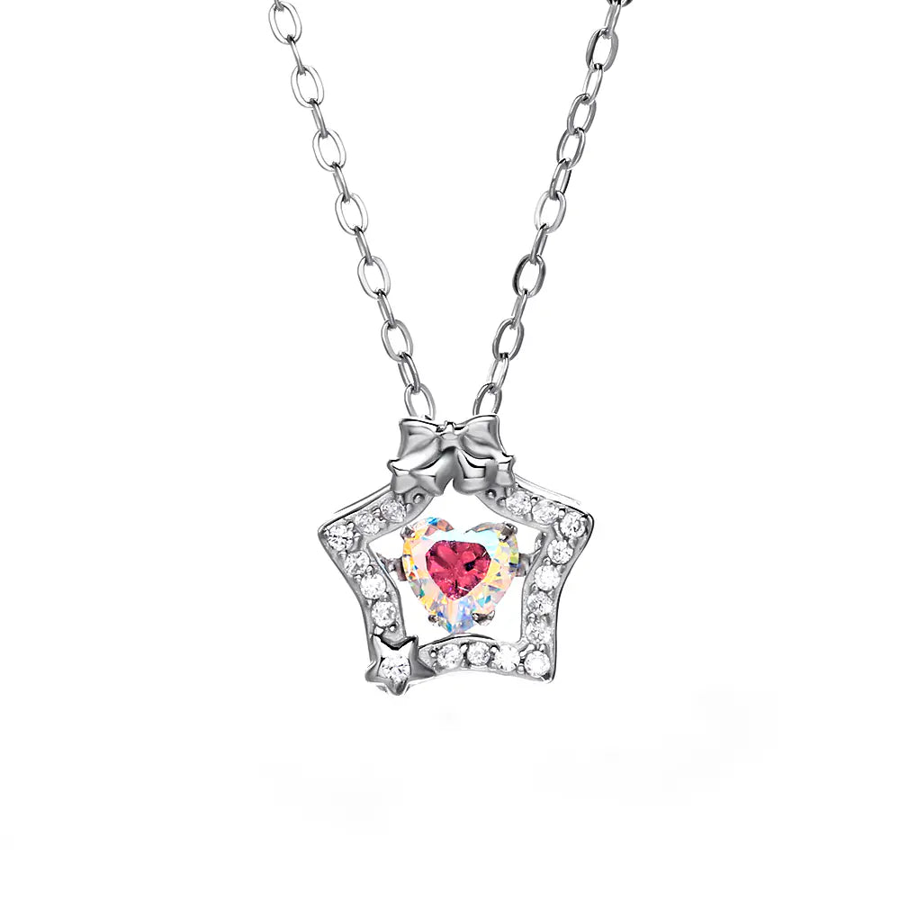 S925 Silver Colorful Heart Bow Star Necklace
