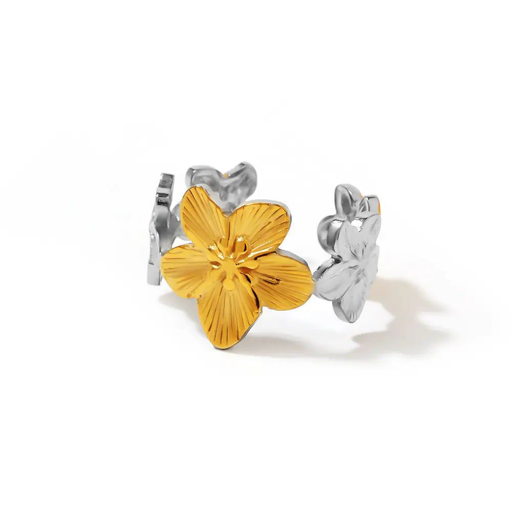 Stainless Steel Two Tone Flower Adjustable Ring