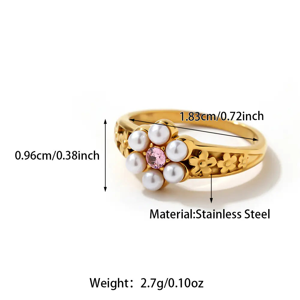 Design Fashionable Stainless Steel No Fading Pearl Flower Ring