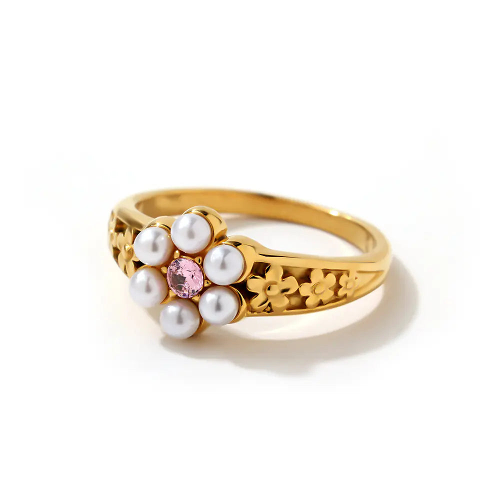 Design Fashionable Stainless Steel No Fading Pearl Flower Ring