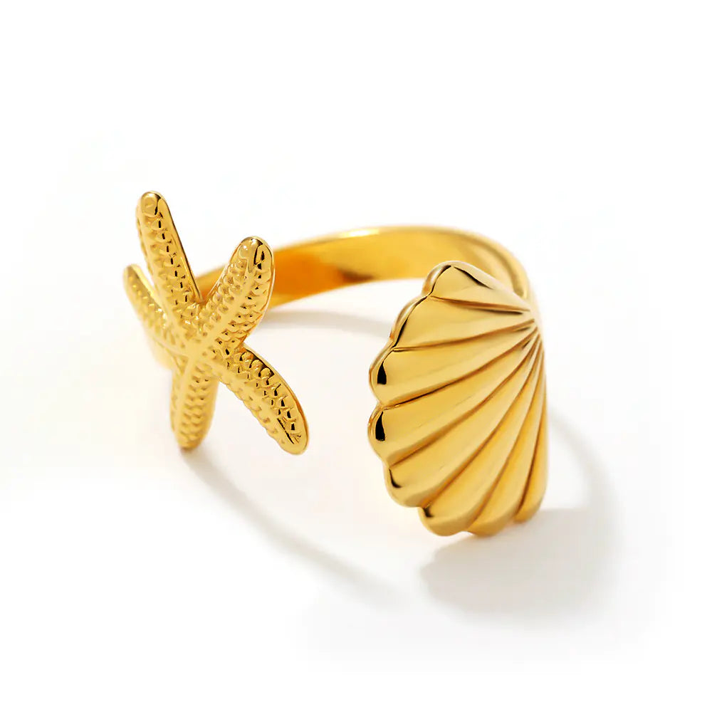 Stainless Steel Marine Threaded Shell Starfish Open Ring