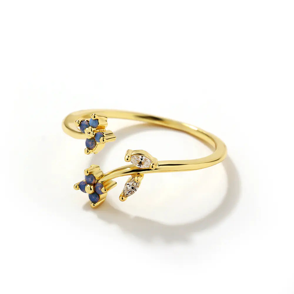 Adjustable Flower Brass Blue CZ Rings
