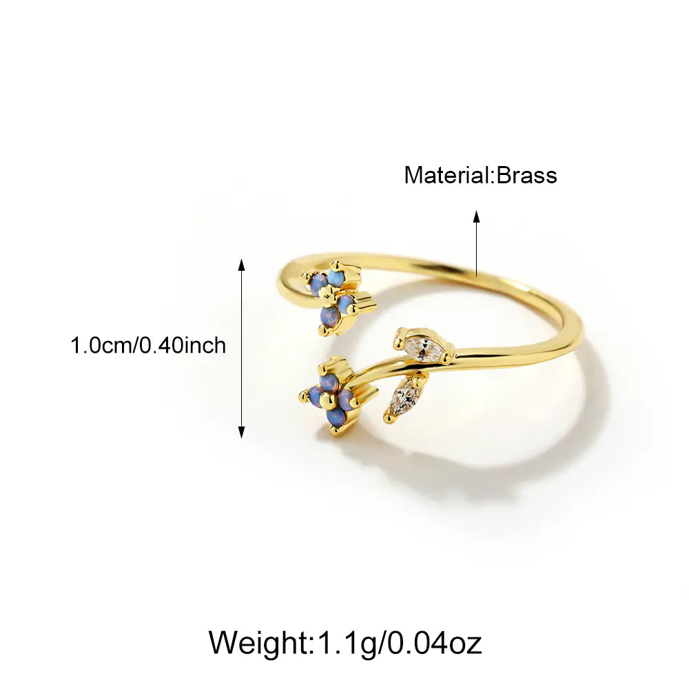 Adjustable Flower Brass Blue CZ Rings