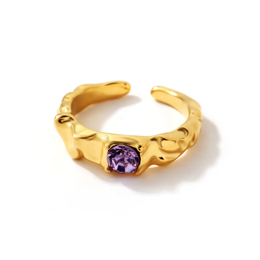 Irregular Stainless Steel Purple Zircon Adjustable Ring