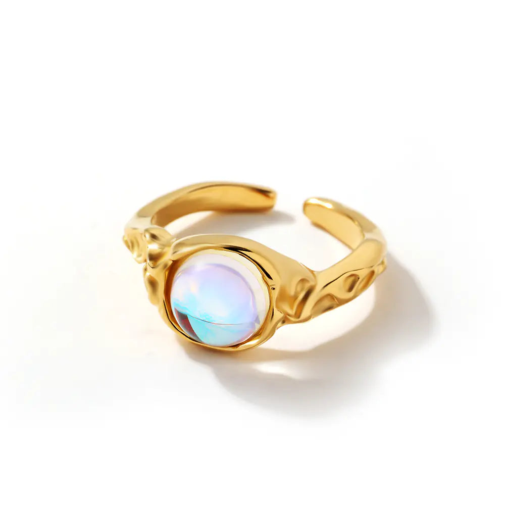 Fashion Stainless Steel Round Moonstone Open Ring
