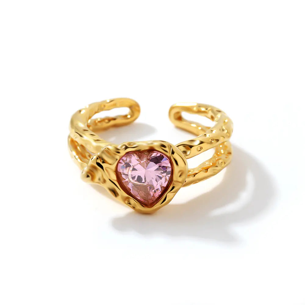 Stainless Steel Squere Pink Zircon Open Ring