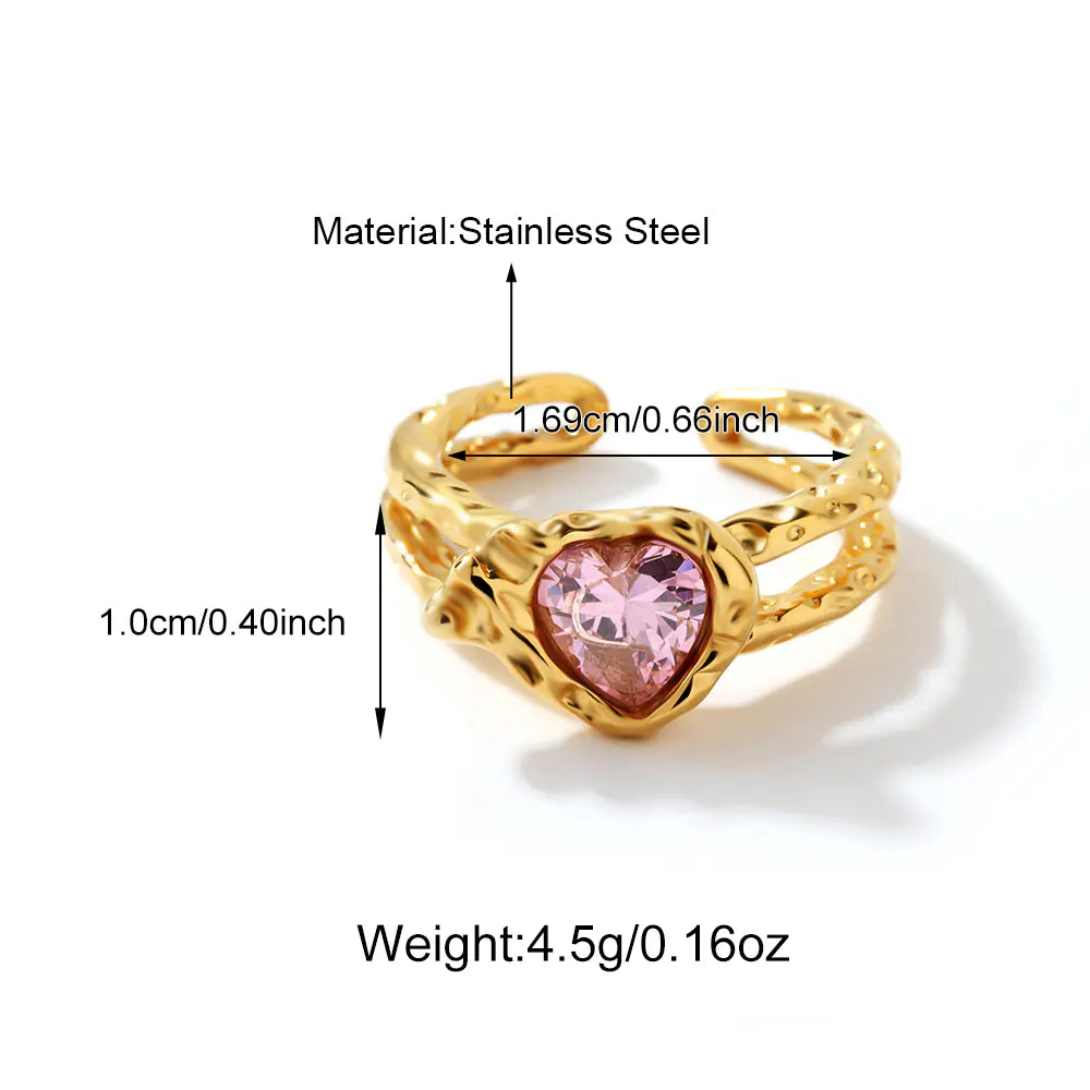 Stainless Steel Squere Pink Zircon Open Ring