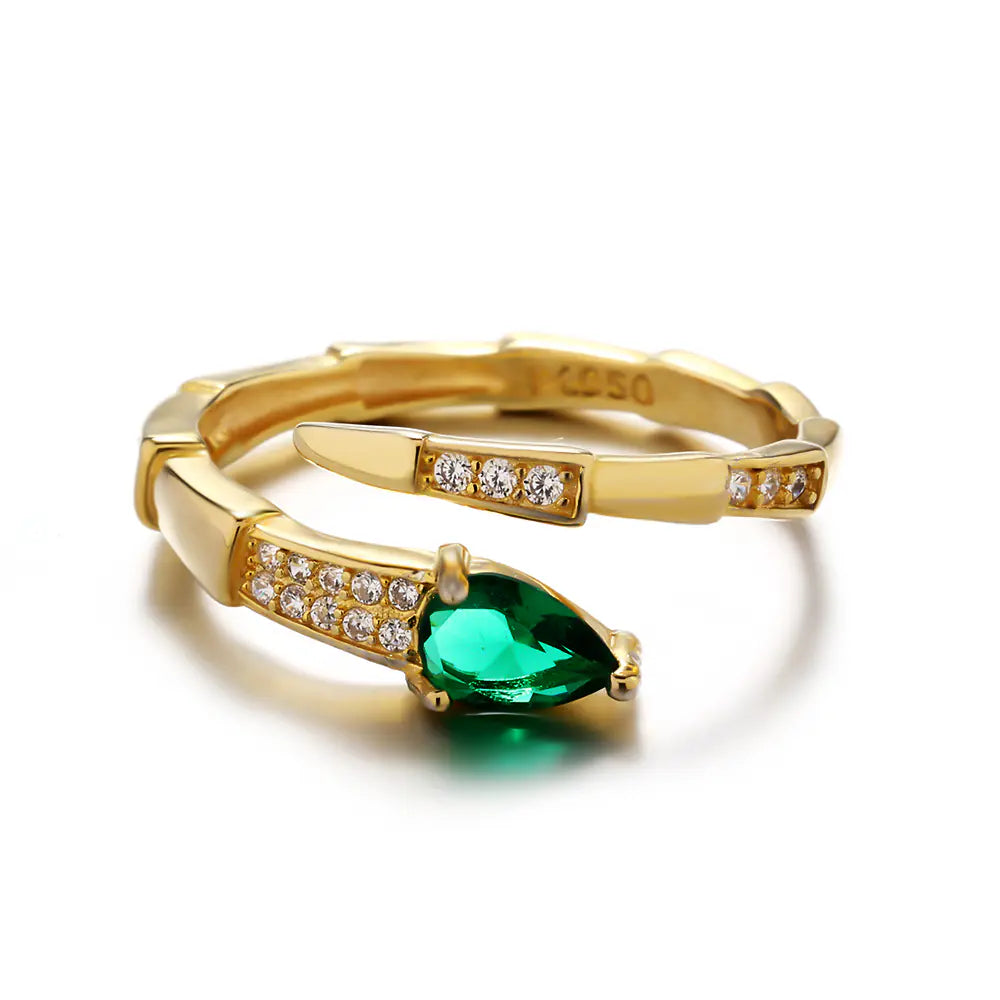 Green CZ Snake Design 925 Sterling Silver Gold Ring
