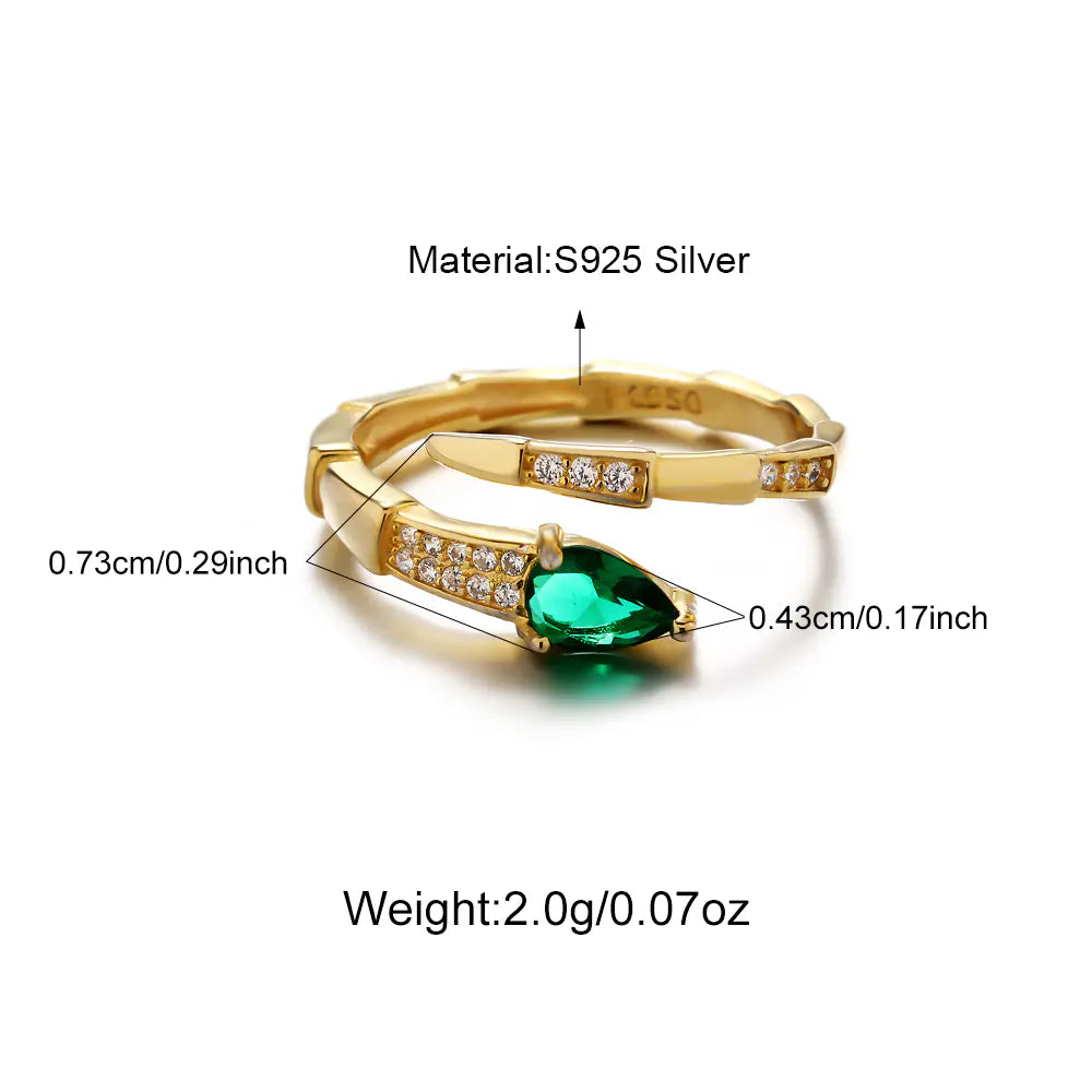 Green CZ Snake Design 925 Sterling Silver Gold Ring