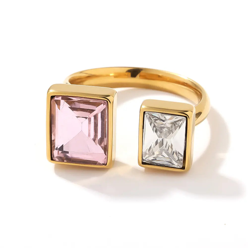 Non-Tarnish Stainless Steel Square Pink Zircon Adujstable Rings