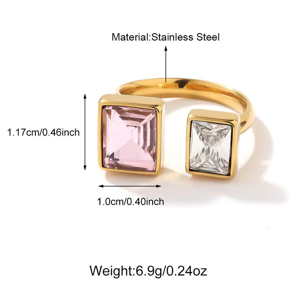 Non-Tarnish Stainless Steel Square Pink Zircon Adujstable Rings