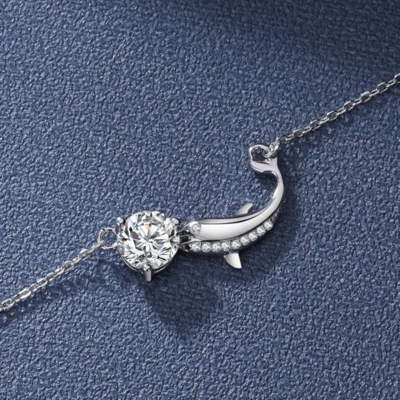 New S925 Silver 1ct Moissanite Dolphin Necklace