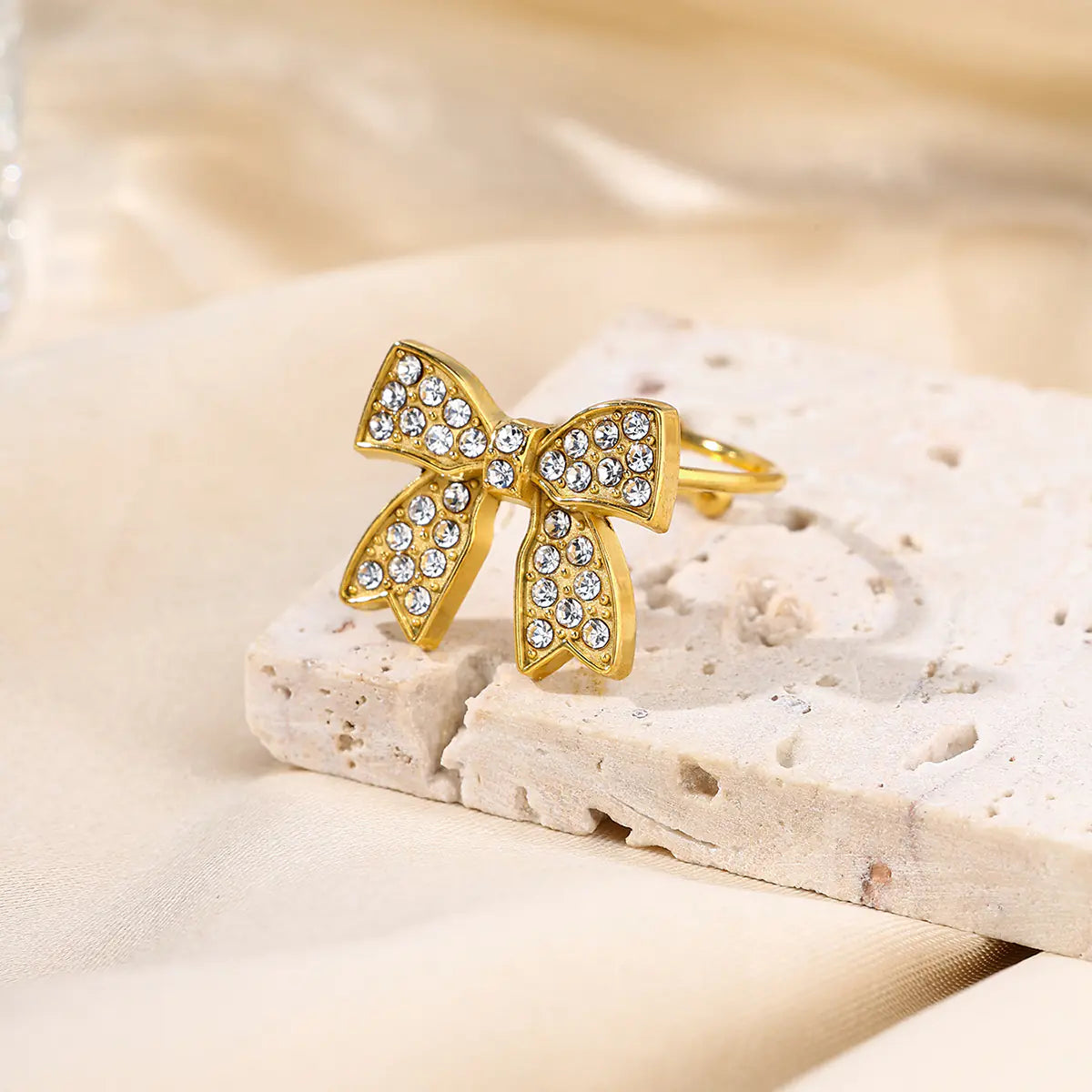 New Stainless Steel Butterfly Bow Crystal Open Ring